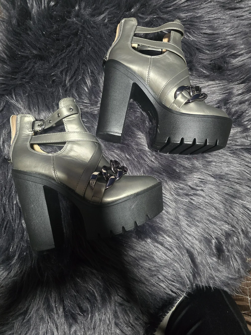Platform Chunky Heel Sandals in Metallic Gray